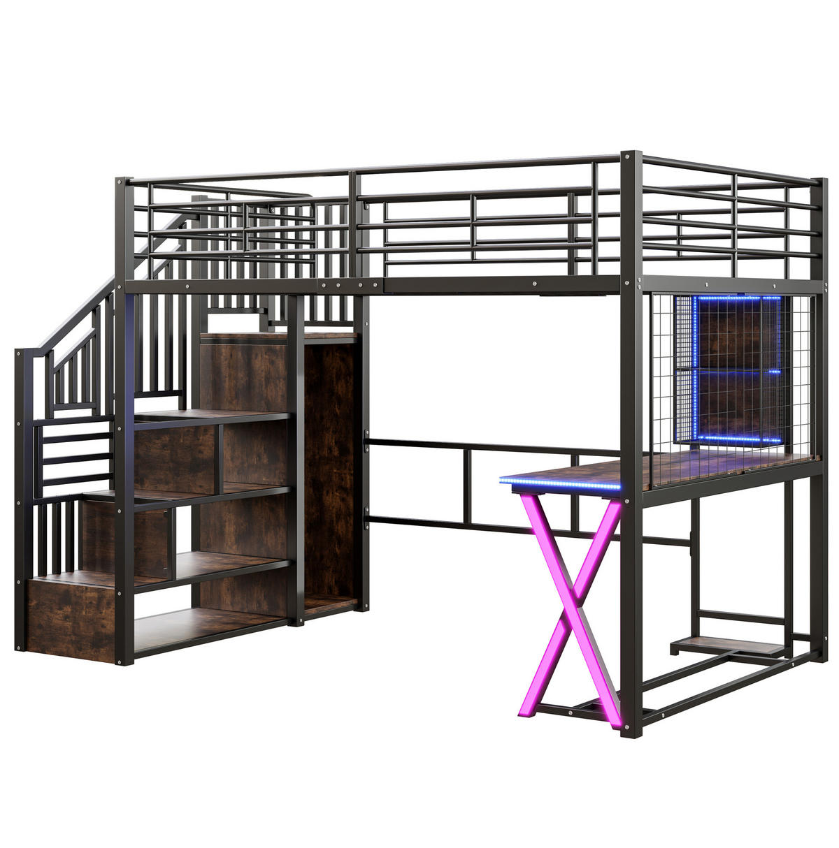 HOCHBETT 140/200 cm aus Metall und MDF mit LED-Beleuchtung, Ablageleiter, Schreibtisch, Kleiderschrank und Regalen, Schwarz - Schwarz, Holzwerkstoff (140/200cm) - Redom
