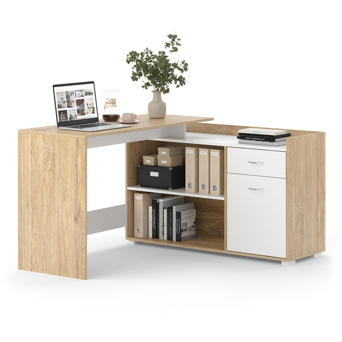 ROHOVÝ PSACÍ STŮL Noira Bílá/Sonoma - bílá/Sonoma dub, kompozitní dřevo (77/135/115cm) - Vicco