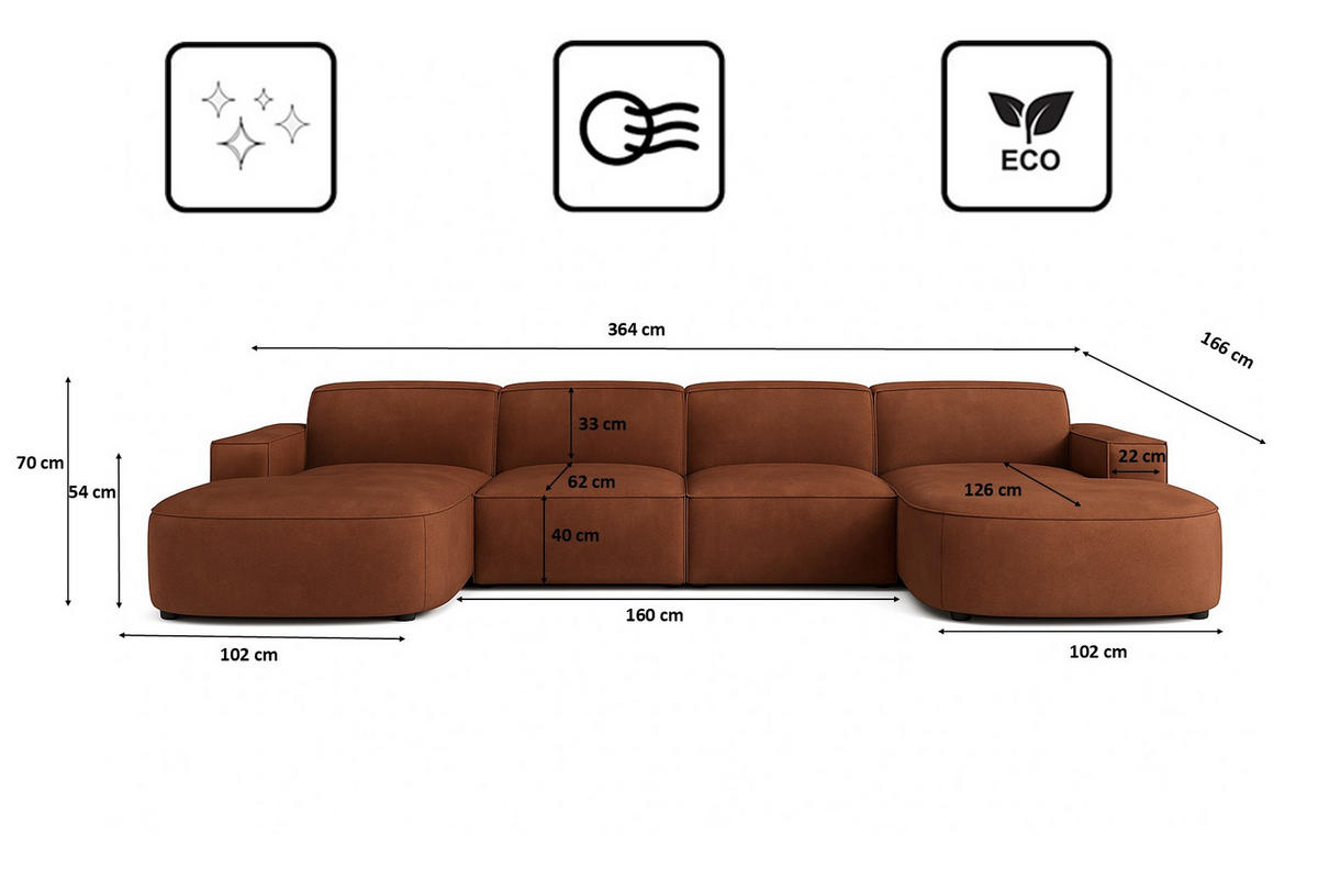ECKSOFA Cursal Round U-Form, Stoff Salvador, Dunkelbraun - Dunkelbraun, Holz (364/166cm) - Kaiser Möbel