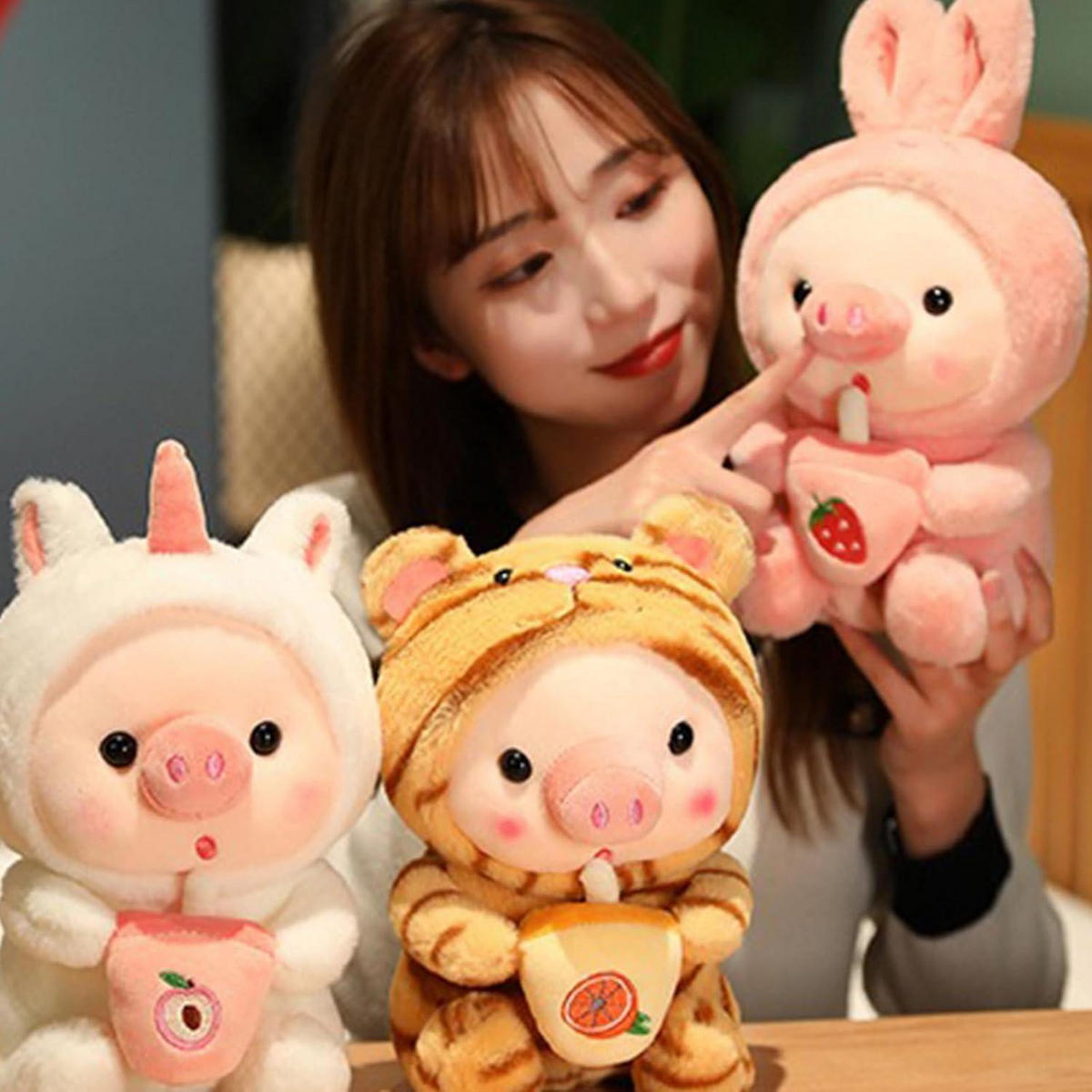 STOFFTIER Schwein mit Bubble Tea Cup 25 cm - Rosa, Textil (15/25cm)