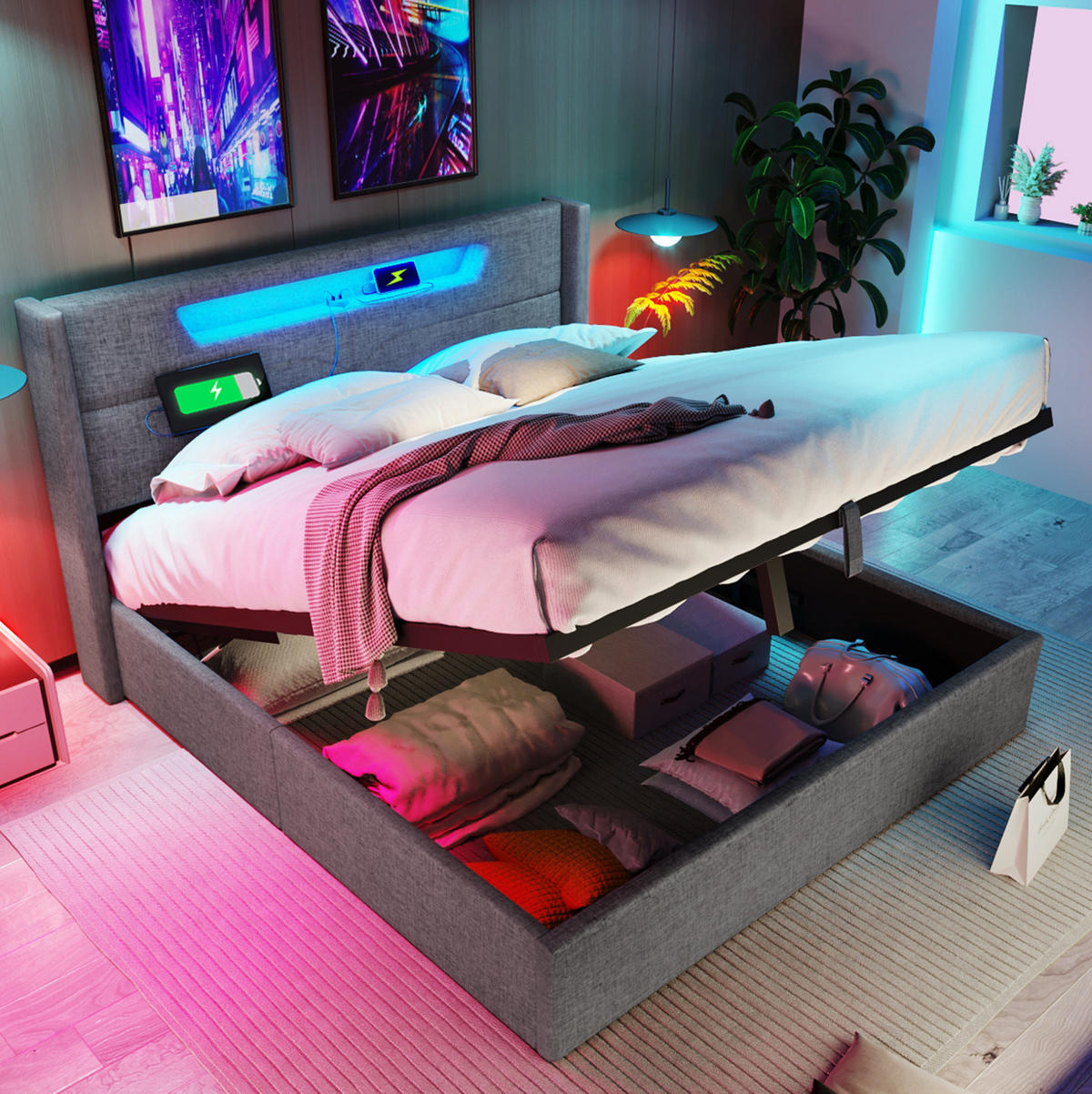 BETT mit Stauraum, LED und USB 160x200 cm Leinen Grau - Grau, Metall (160/200cm) - Meubliv