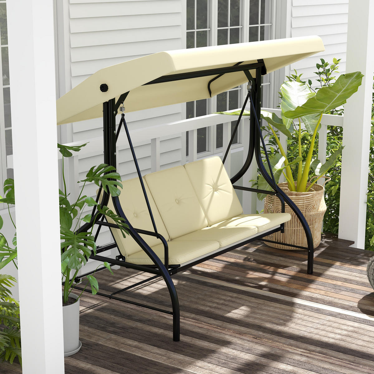 HOLLYWOODSCHAUKEL 3-Sitzer, 2 in 1 mi Liegefunktion - Beige, Metall (117/175/195cm) - Outsunny