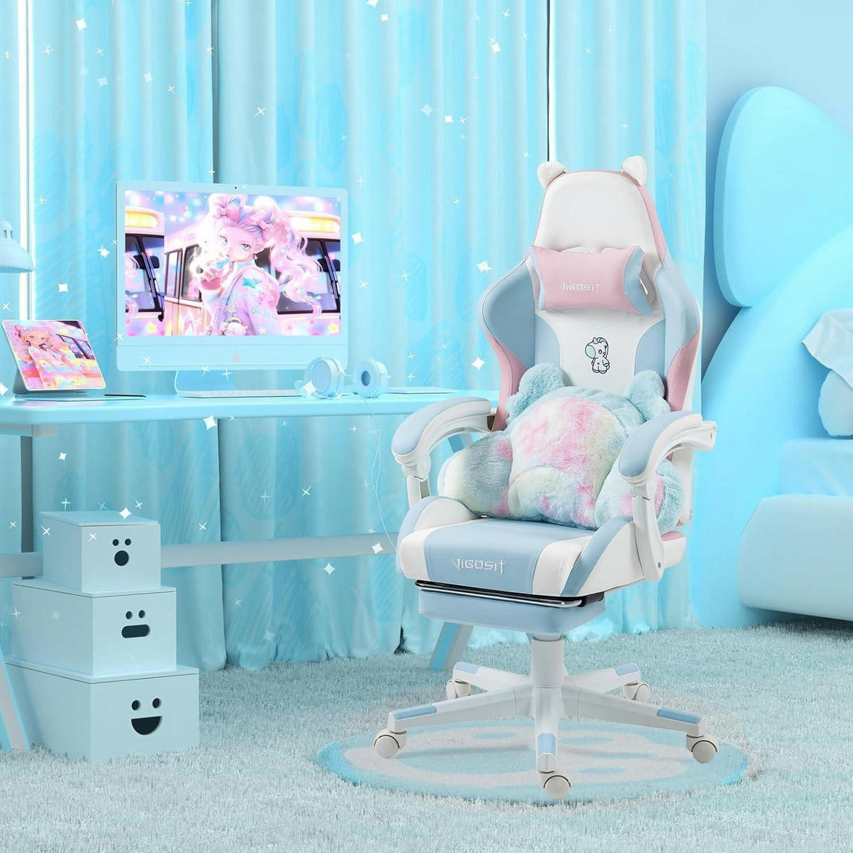 GAMING Stuhl mit Ohren und Kawaii Kissen, ergonomisch, mit Lendenwirbelstütze und Fußstütze, blau-pink - Blau, Textil (59/77/25cm)