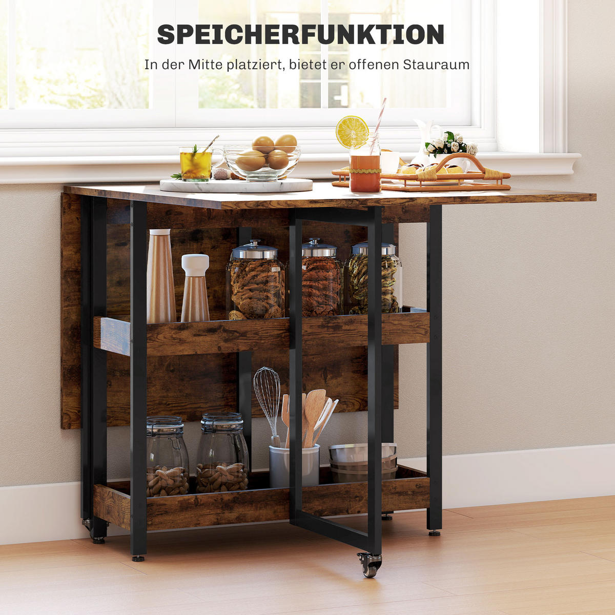 ESSTISCH Klappbar Küchentisch für 2-4 Personen mit 2 Offenen Ablagen, Rollen - Braun, Holz (133.4/80/75cm) - HOMCOM