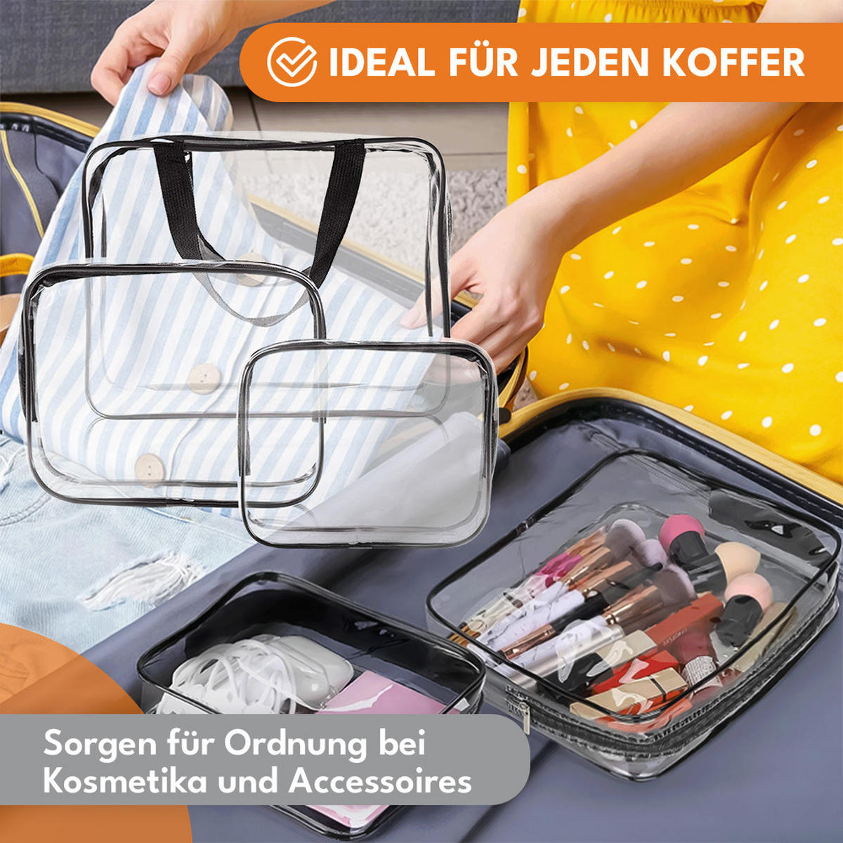 KULTURTASCHE Transparente Set 3-teilig - Transparent, Kunststoff (14/18/4cm) - KRUMAD