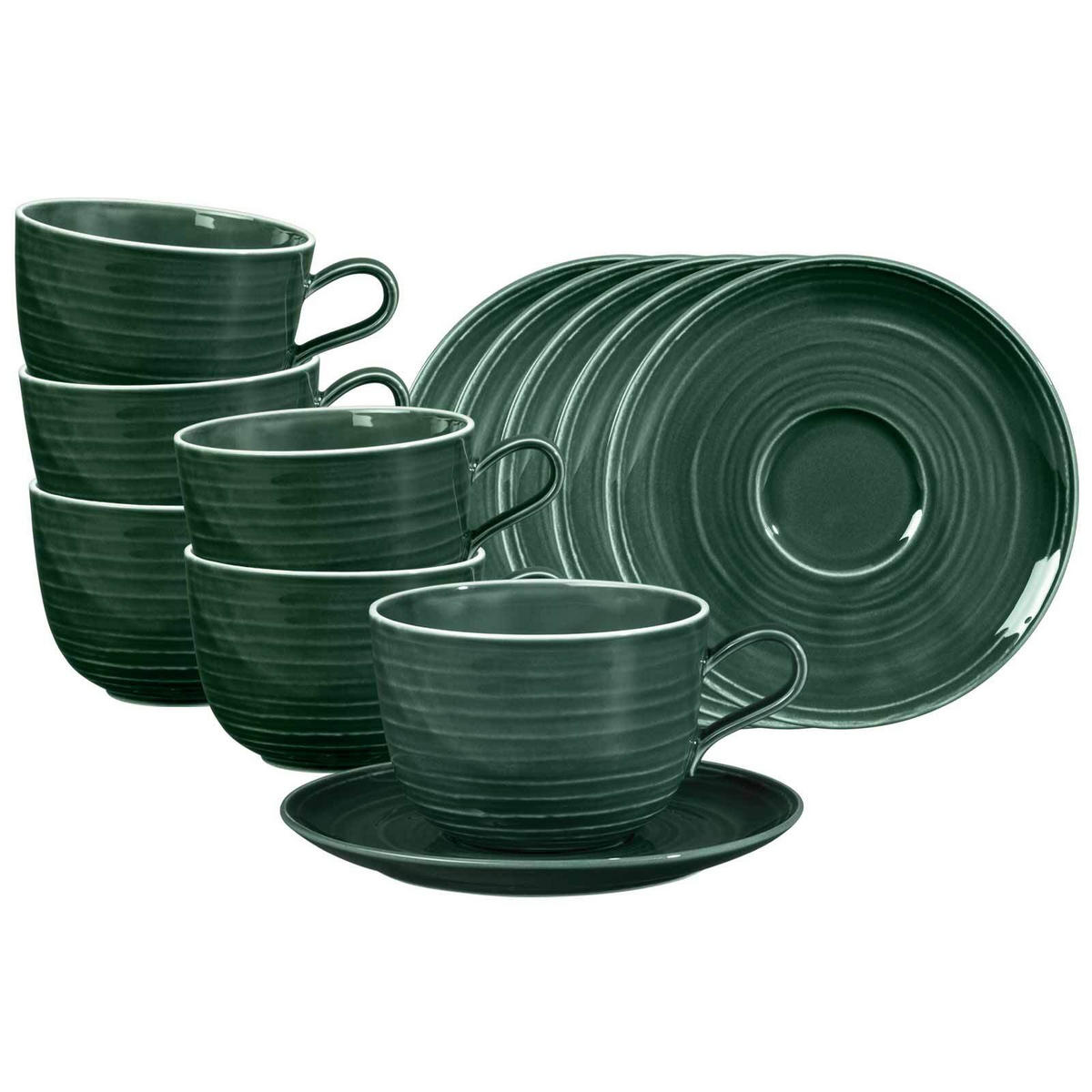 MILCHKAFFEETASSEN MIT UNTERTASSEN Terra Moosgrün 400 ml 6er Set - Dunkelgrün, Keramik (0.4L) - Seltmann Weiden
