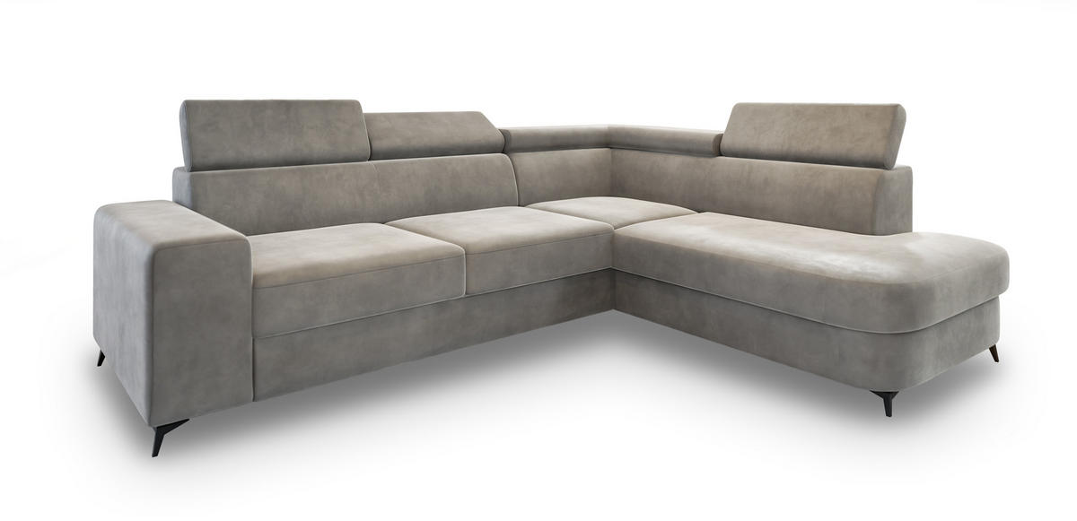 ECKSOFA ALVORO R-S Hellgrau Velours-Stoff mit Schlaffunktion - Hellgrau, Holz (253/190cm) - MASSENO