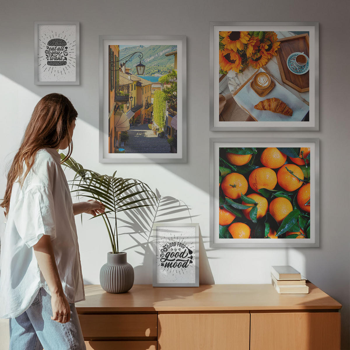 WANDBILDER 5er Set - 50x50 cm & 20x30 cm & 40x60 cm Silberner Rahmen - Juicy Oranges Kitchen - Silberfarben, Kunststoff (40/60cm) - ArtPrintCave