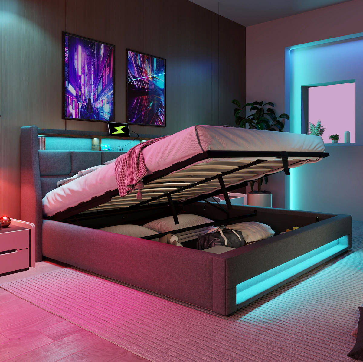TAPECIRANI krevet od lanene tkanine 160x200 cm sivi s LED rasvjetom, USB priključkom i spremnikom za odlaganje - siva, tekstil (160/200cm) - Modfu