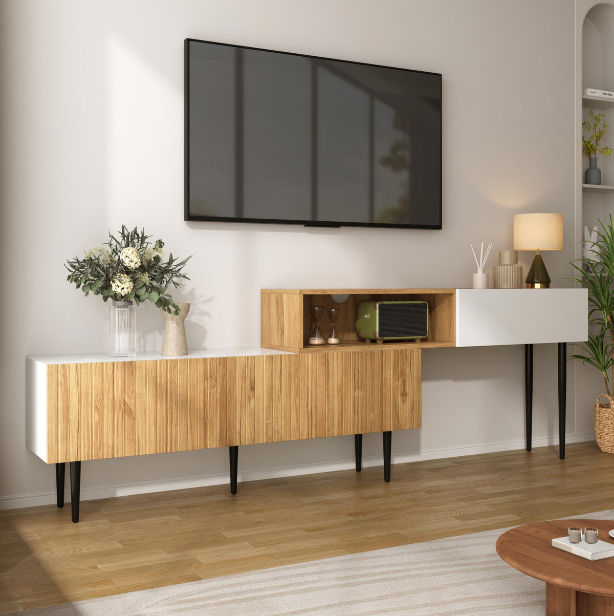 TV-SCHRANK modular verstellbar 120-240 cm Weiß Holzoptik 2er-Set - Weiß, Holzwerkstoff (30/63.5/220cm) - Beauniv