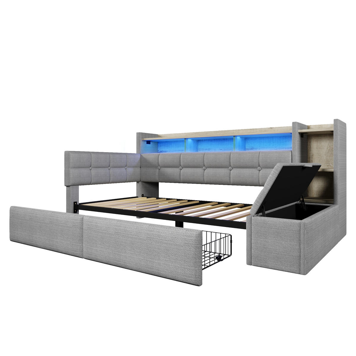 ROZKLÁDACÍ POHOVKA 90/190 cm v šedém sametu se 2 zásuvkami, LED osvětlením a USB/Type-C - šedá, kov/kompozitní dřevo (90/190cm) - WISHDOR