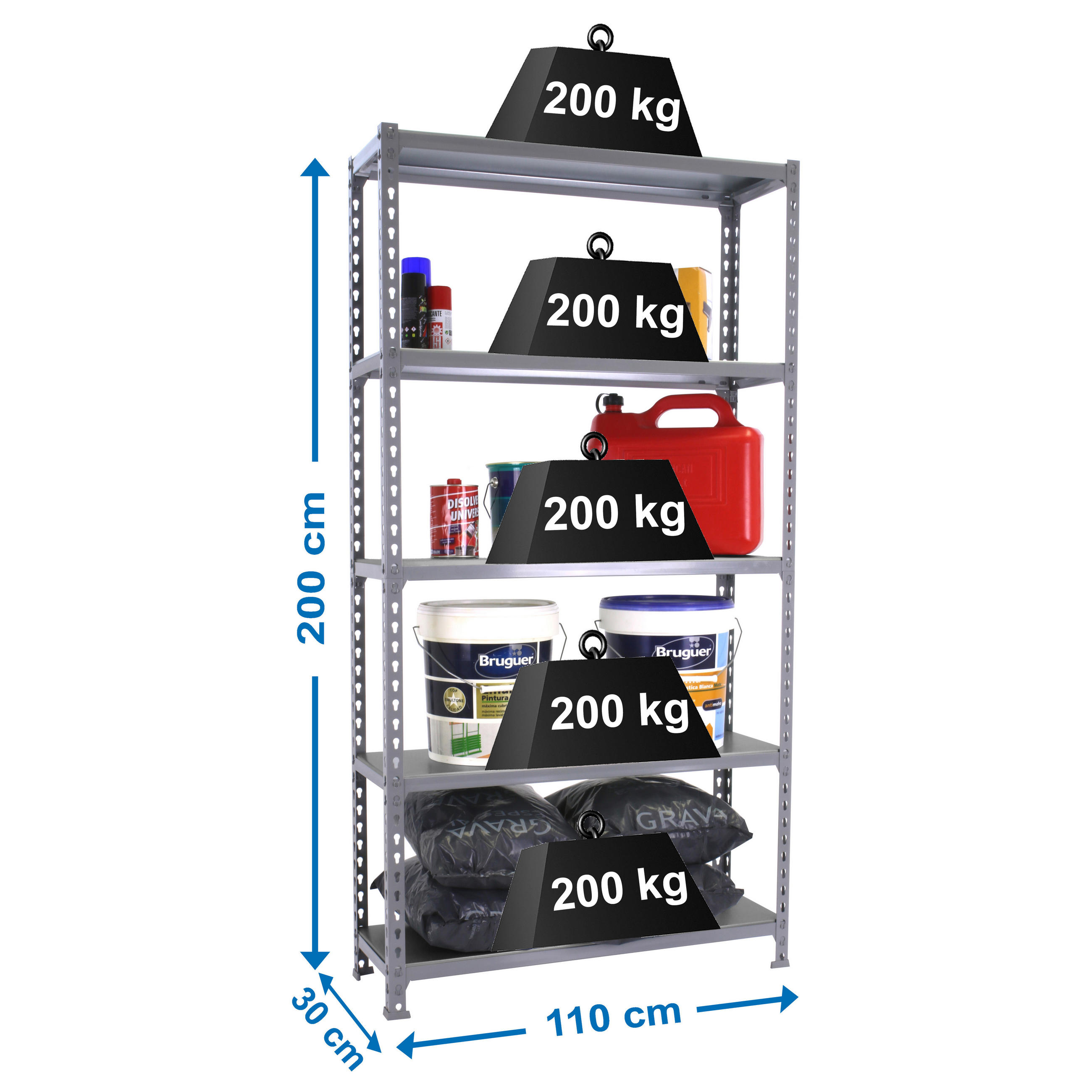 SCHWERLASTREGAL Big Metal Shark HxBxT 200 x 110 x 30 cm Fachlast 200 kg Grau - Grau, Metall (110/200/30cm) - PROREGAL