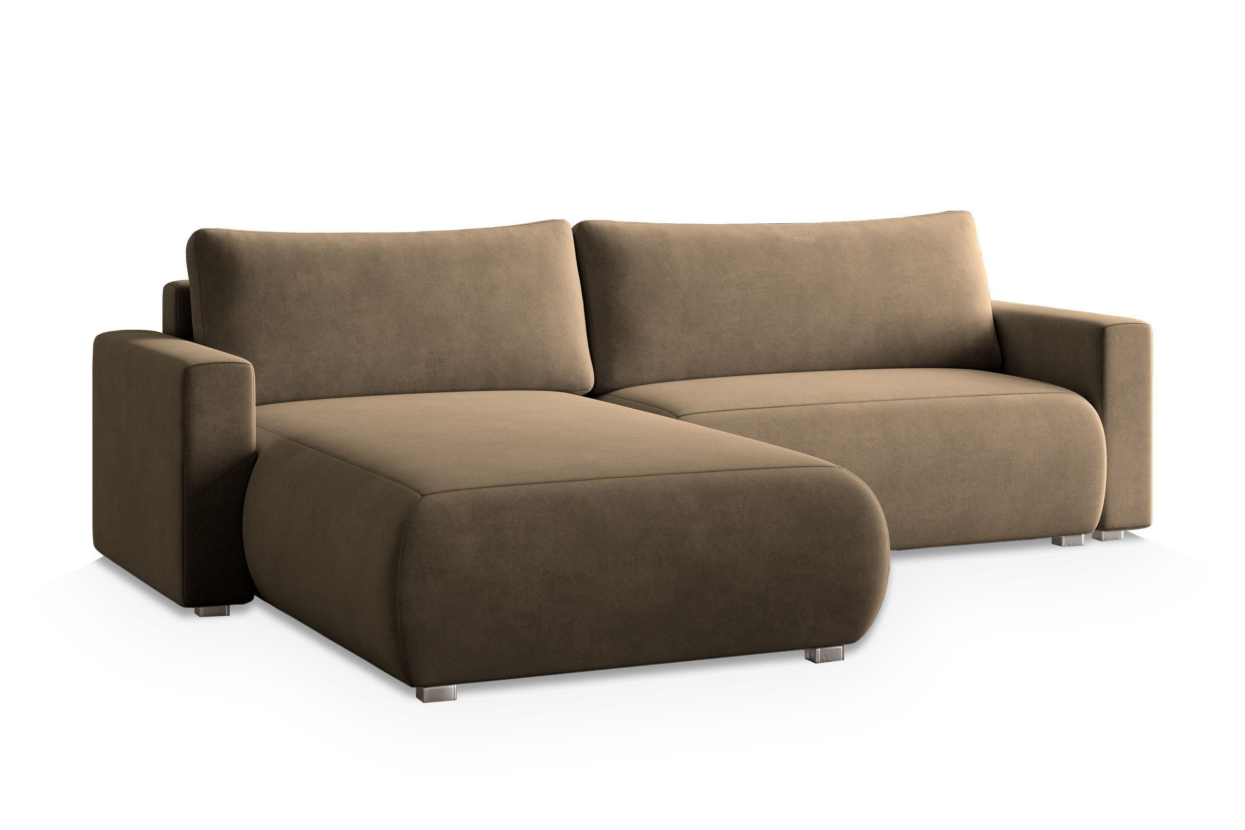 ECKSOFA TURIN M Beige Velours-Stoff mit Schlaffunktion - Beige, Holz (265/183cm) - MASSENO
