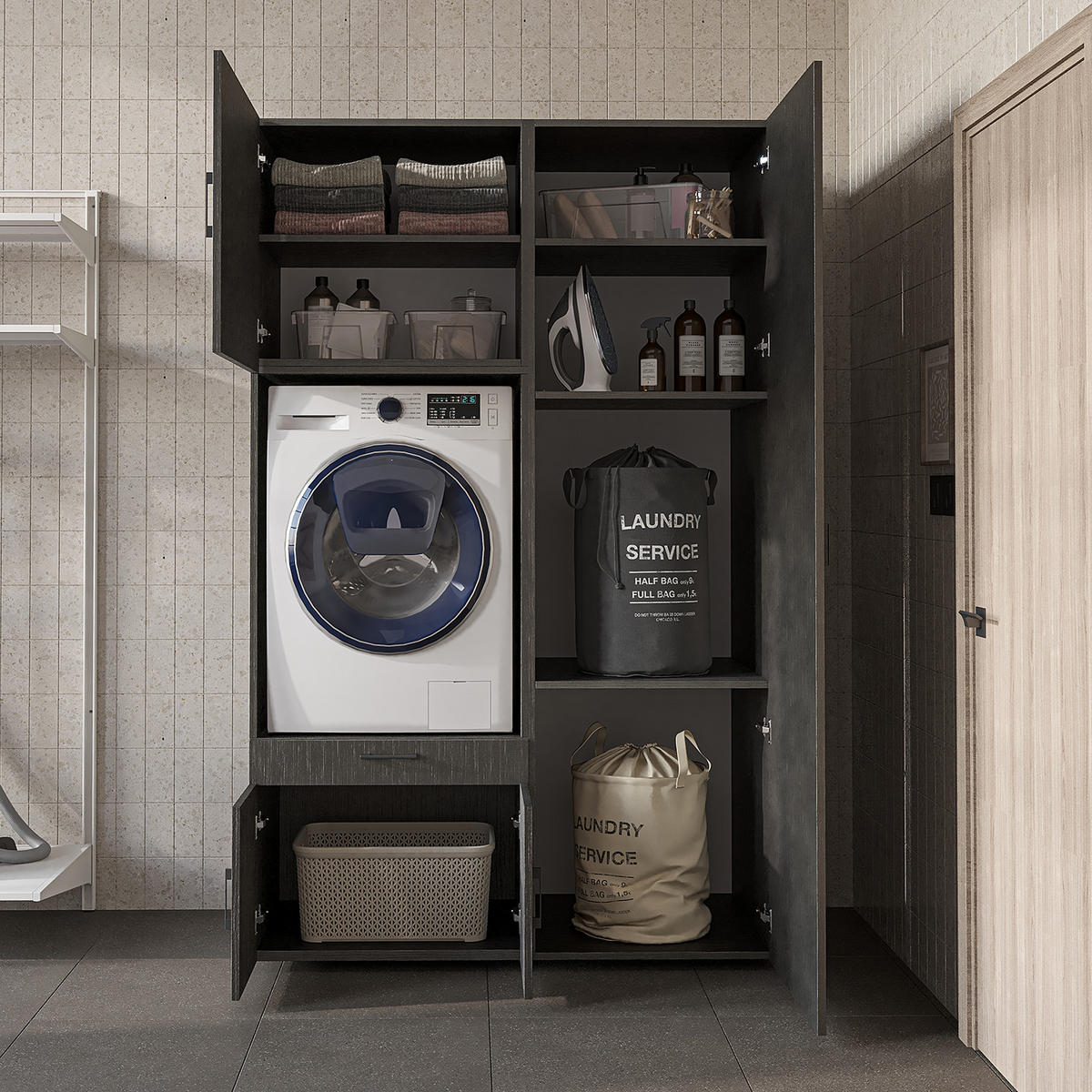 WASCHMASCHINENSCHRANK Serie 3 127cm Breit, 205cm Hoch - Schwarz, Holzwerkstoff (127/205/67cm)