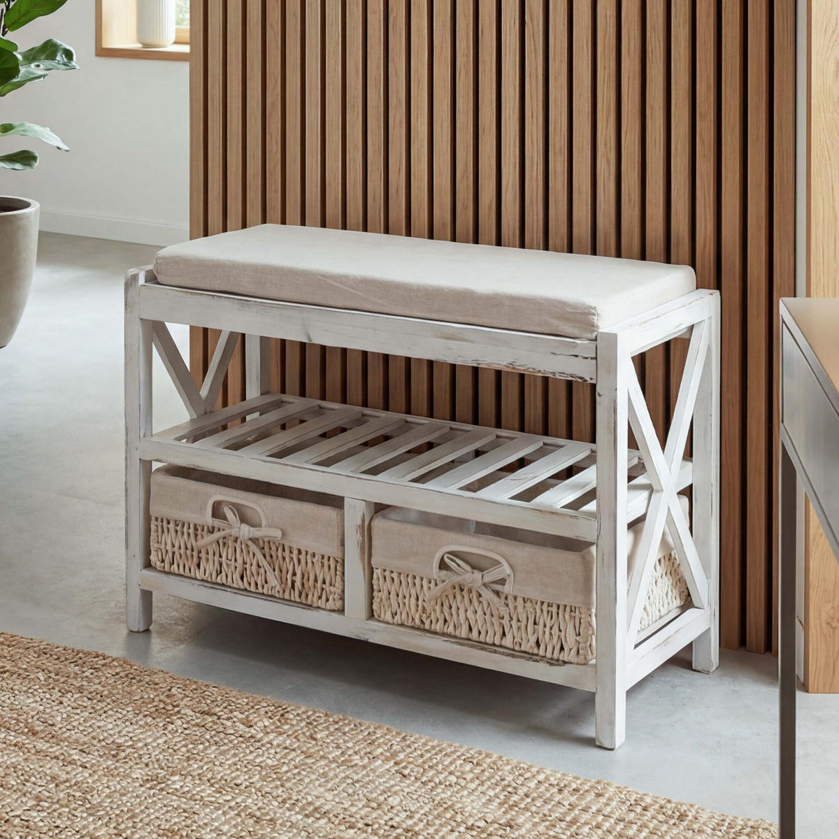 SCHUHREGAL SITZBANK Weiß, Cremeweiß - Weiß, Holz (65/45/34cm) - MCW