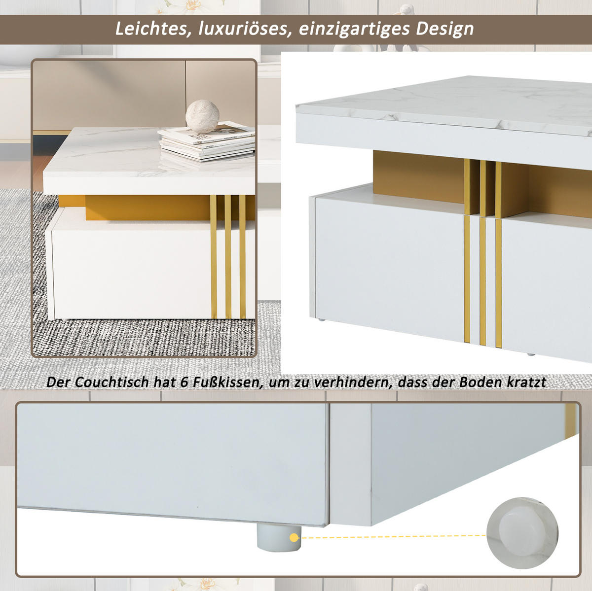 KONFERENČNÍ stolek, 100/50/40 cm bílý, s 2 zásuvkami a deskou s mramorovým dekorem - bílá, kompozitní dřevo (100/50/40cm) - BEAOK