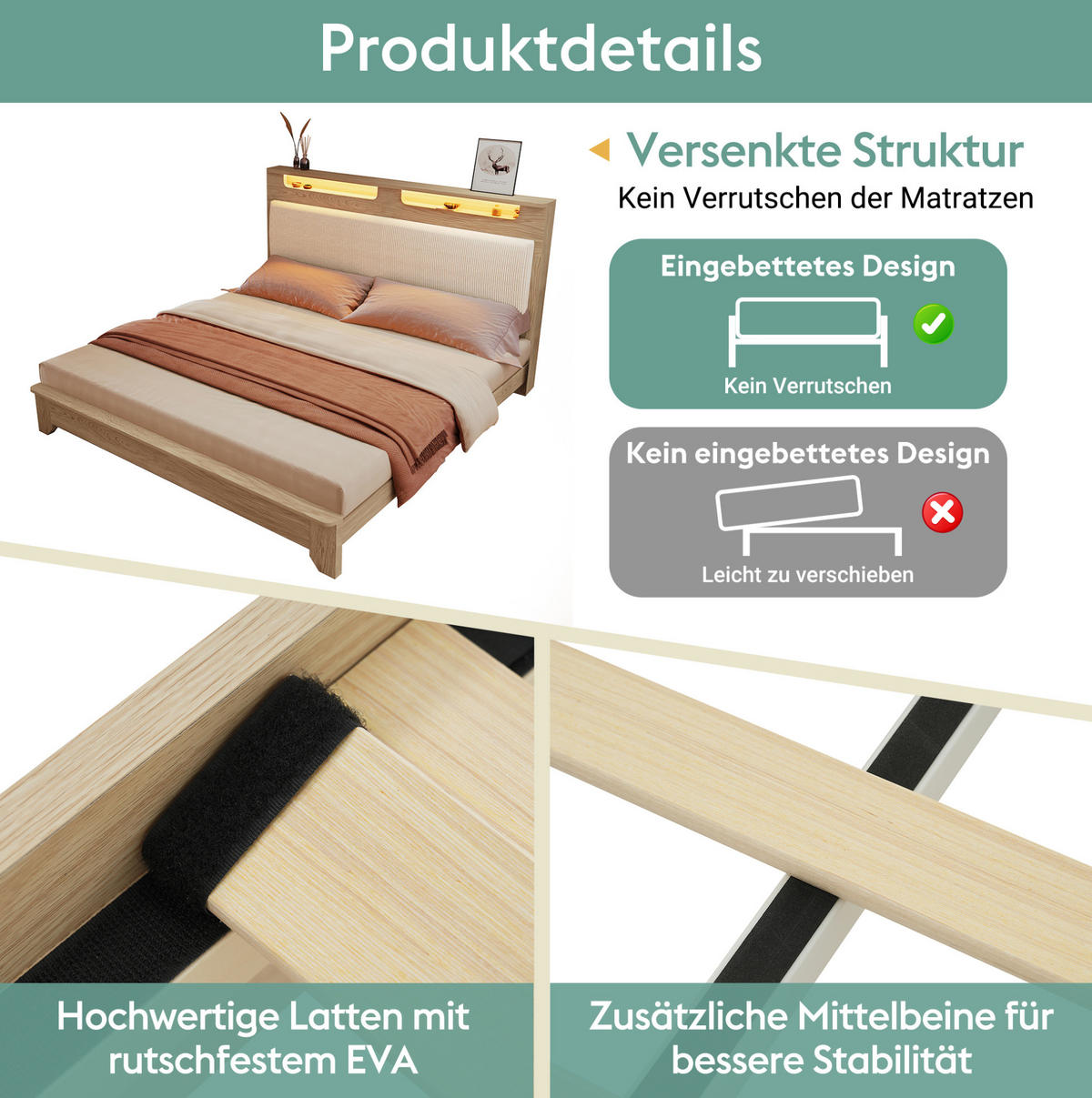 POLSTERBETT 140/200 cm in Eichefarben/Beige mit LED, Polsterbettbank und Matratze - Beige, Textil (140/200cm) - Flora Grace
