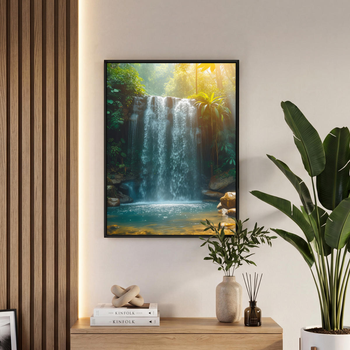 LEINWAND Bilder mit Rahmen - Wasserfall - Dschungel - Sonne - Grün - Natur - 50x70 - Grün, Textil (50/70cm) - MuchoWow