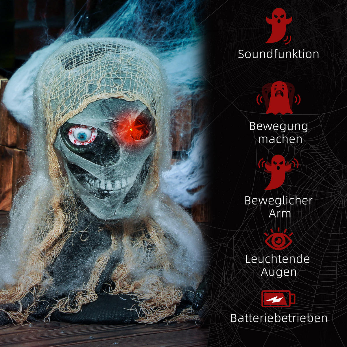 HALLOWEEN Dekoration Einäugige Mumie, Krabbelnde Mumie mit Rot Leuchtende Augen - Multicolor, Kunststoff (18/35/55cm) - HOMCOM