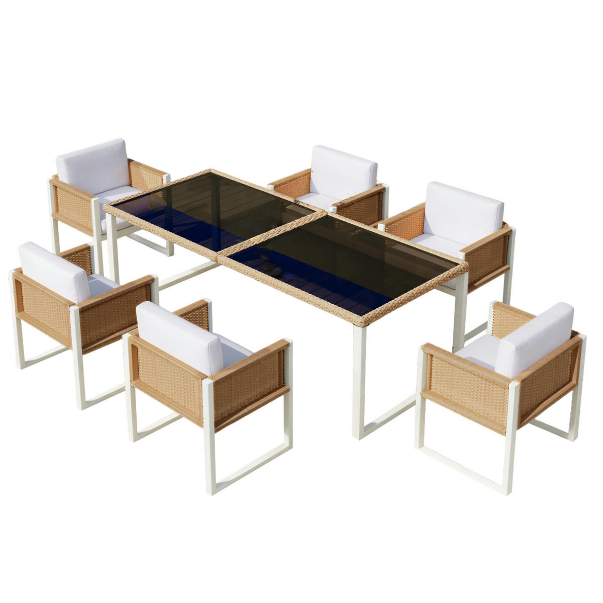 GARTENMÖBEL-SET 7-tlg. mit Glastisch und 6 Stühlen Braun Weiß - Braun, Holz - Beauniv