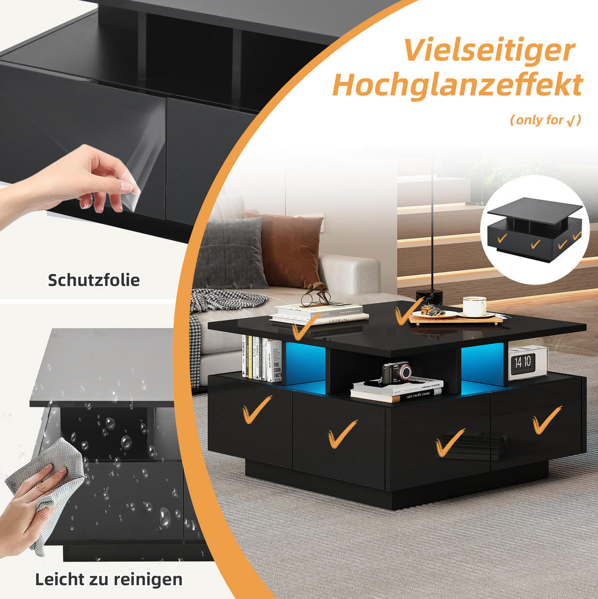 COUCHTISCH 70/70/40 cm schwarz mit 4 Schubladen und LED-Beleuchtung - Schwarz, Holzwerkstoff (70/70/40cm) - OKWISH