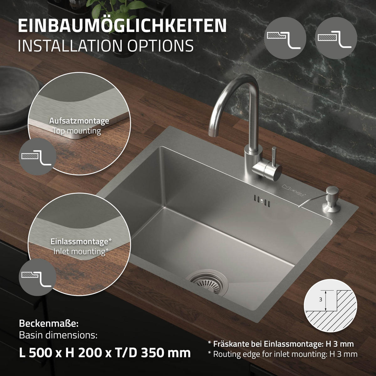 SPÜLBECKEN Edelstahl 55/45cm - Silberfarben, Metall (45/20/55cm) - ML-DESIGN
