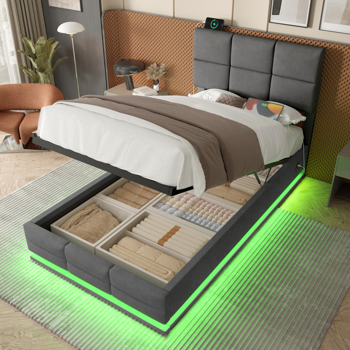 POLSTERBETT 90/200 cm in Dunkelgrau Samt mit Bettkasten, LED und USB - Grau, Holzwerkstoff/Textil (90/200cm) - WISHDOR