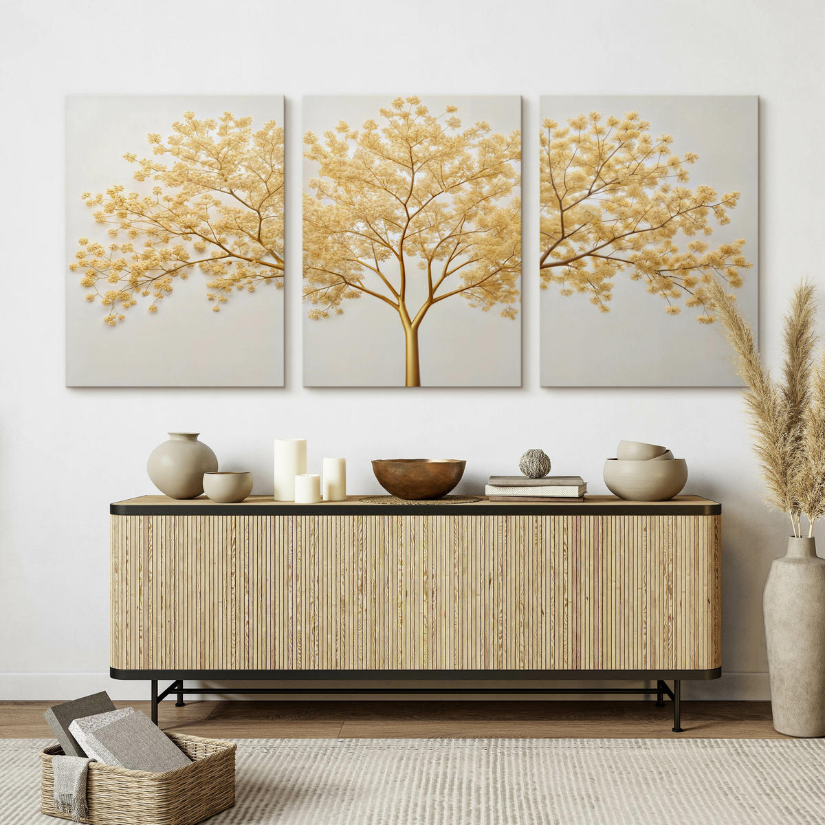 LEINWANDBILDER 3-es Set Abstrakte Baum - Beige/Weiß, Textil (90/40cm) - Muralo