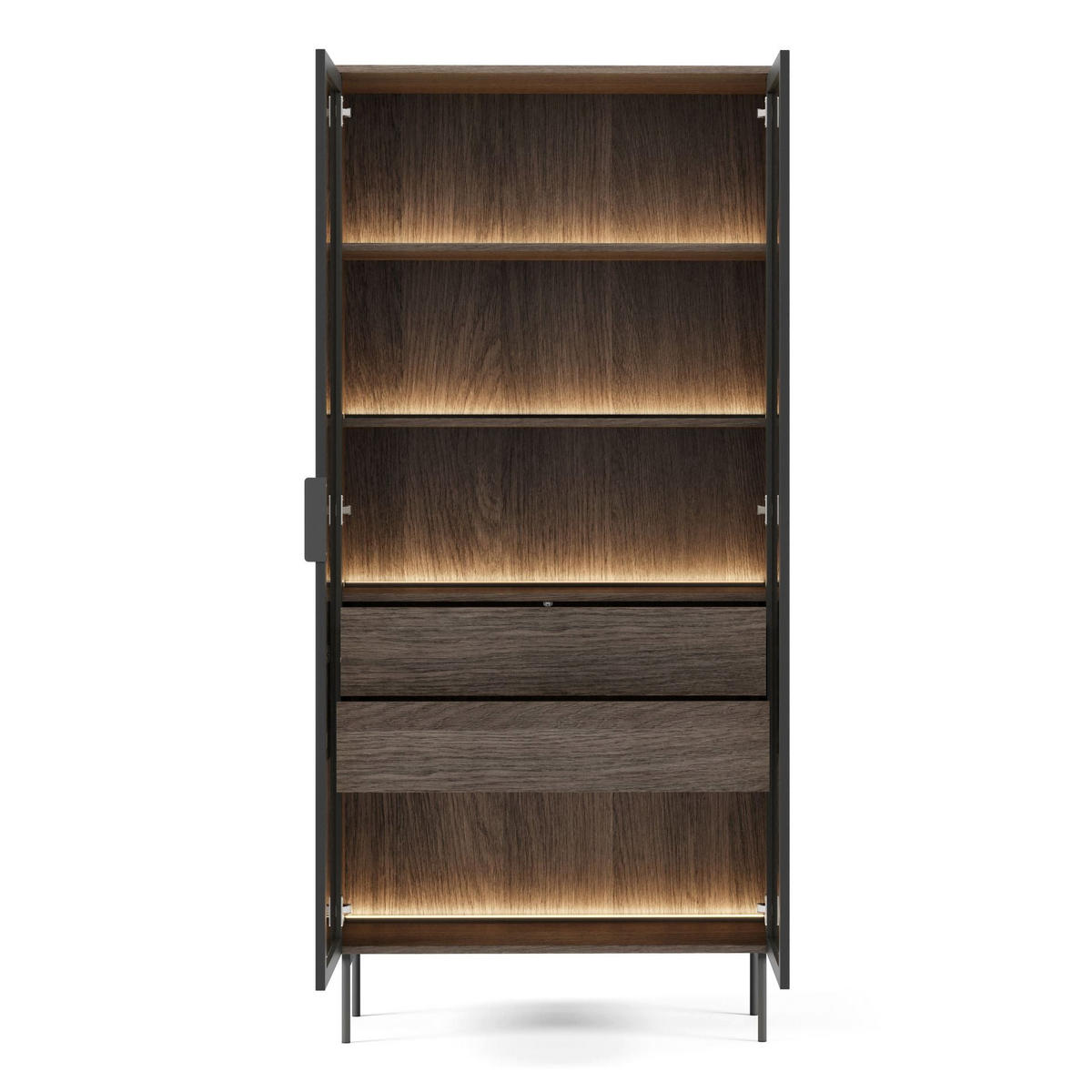 VITRINE Lumi mit LED Eiche Dunin 91 cm - Dunkelbraun/Schwarz, Holzwerkstoff/Metall (91.5/194.6/39.3cm) - Selsey