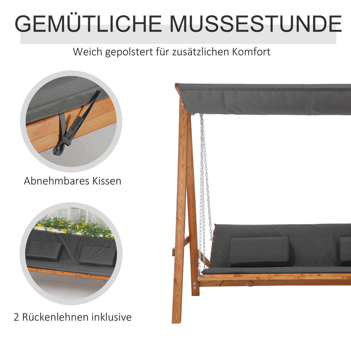 HOLLYWOODSCHAUKEL DE-07017 3-Sitzer, Mit Bettfunktion, Lärche Natur - Grau/Teakfarben, Holz (225.5/180/130cm) - ComfortXL