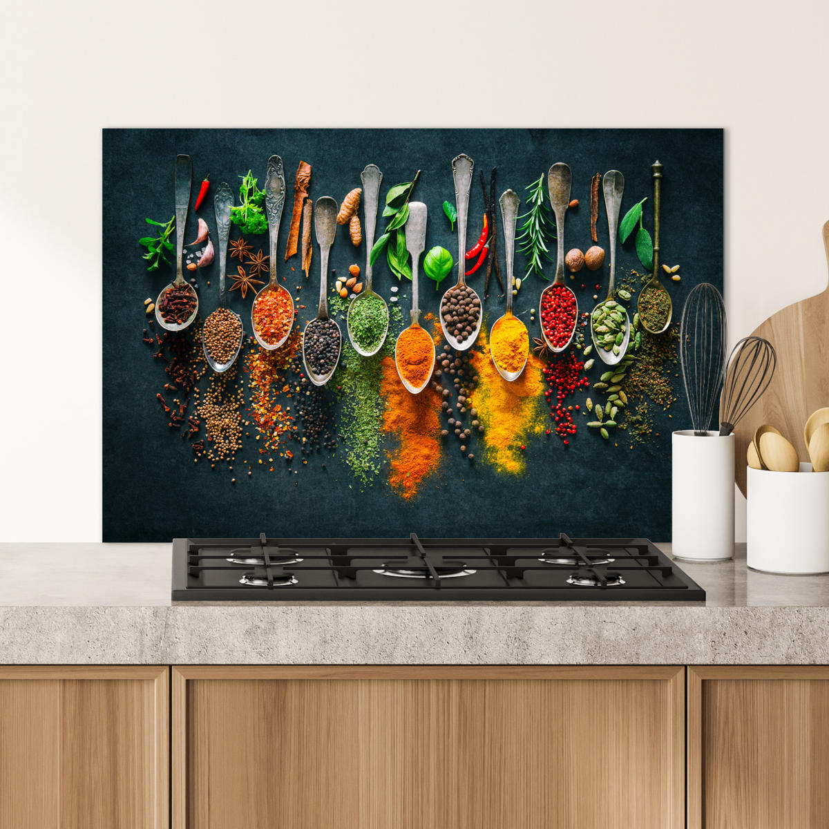 SPRITZSCHUTZ KÜCHE Kräuter - Gewürze - Löffel 90x60 cm - Multicolor, Metall (90/0.3/60cm) - MuchoWow