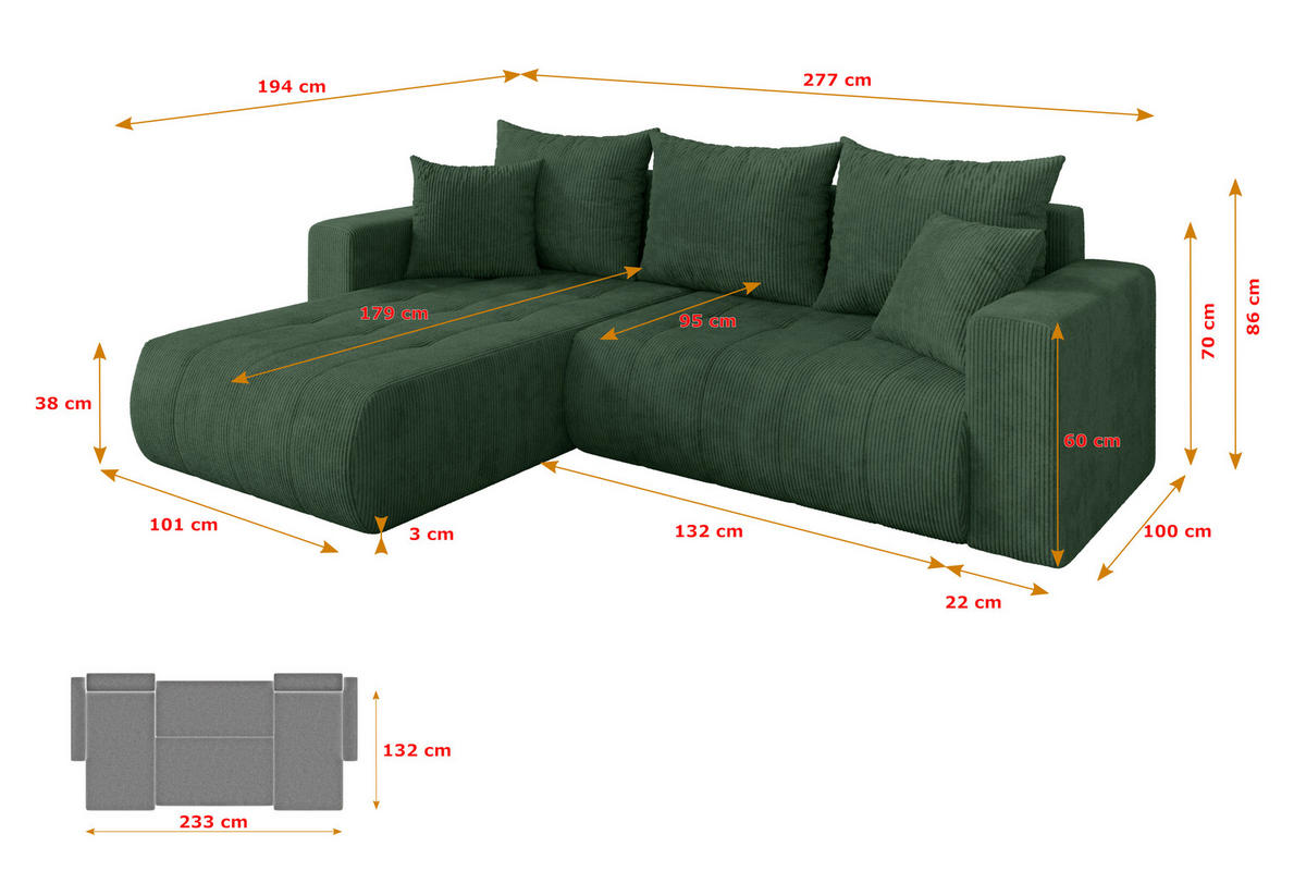 ROHOVÁ SEDAČKA s funkcí spaní, otoman vlevo MILA-L 277x194x86 zelená manšestr - černá/tmavě zelená, kompozitní dřevo/textil (277/194cm) - ALTDECOR