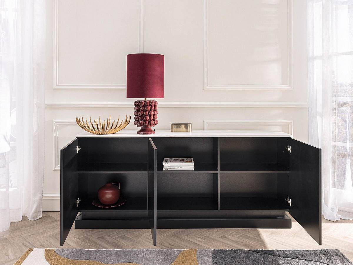 SIDEBOARD mit 3 Türen - Mit LED-Beleuchtung - MDF - Schwarz & weiße Marmor-Optik - DEVIKA - Schwarz, Holz (189.6/80/40cm) - Pascal Morabito