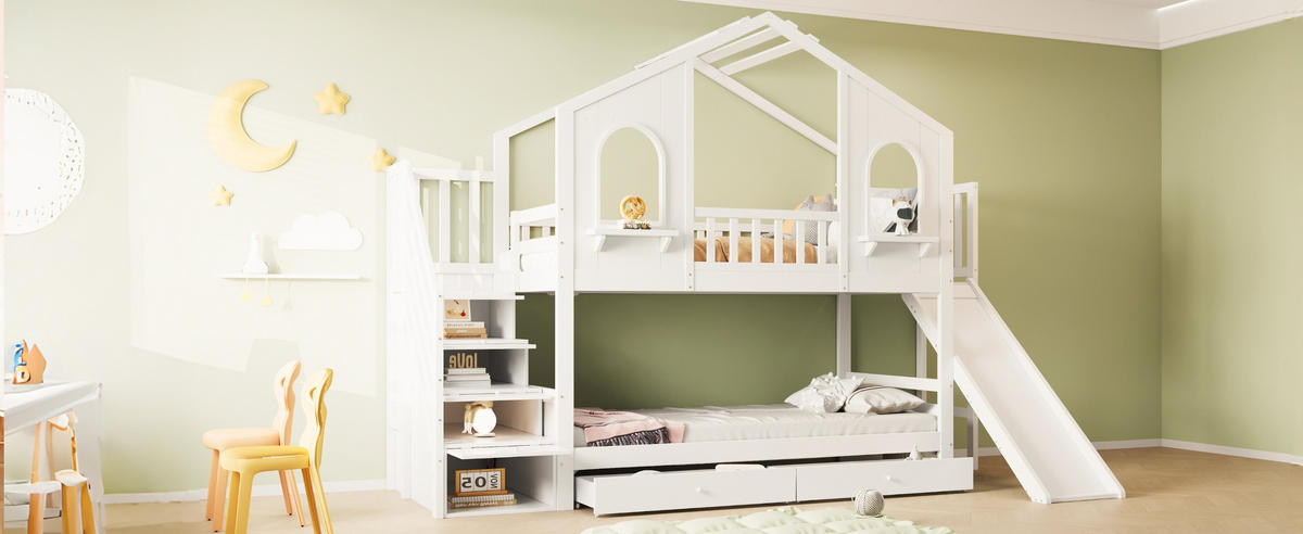 SPIELBETT 90/200 cm DE-01484, in Weiß, mit Rutsche, Aufbewahrungsleiter und 2 Schubladen - Weiß, Holz (90/200cm) - ComfortXL