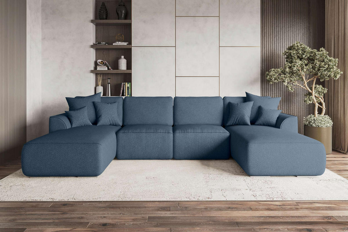 WOHNLANDSCHAFT GUSTO Strukturstoff Dunkelblau inkl. Schlaffunktion - Chromfarben/Dunkelblau, Kunststoff/Textil (306/96/194cm) - 99rooms