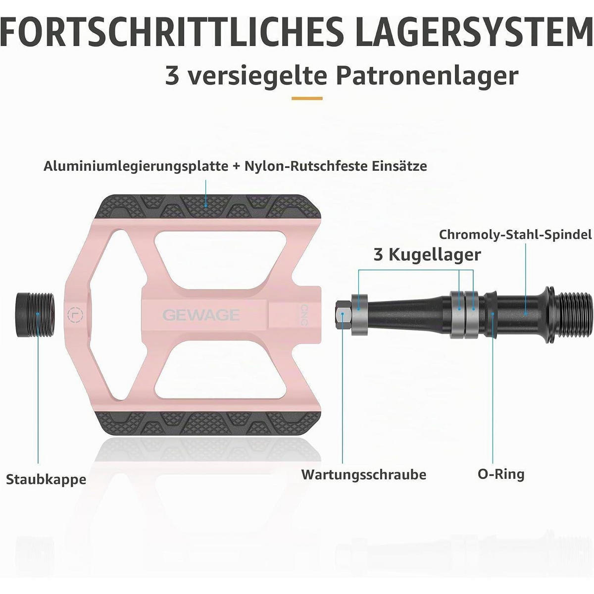 FAHRRADPEDALE Aluminium Pink, 3 gedichtete Lager, Chromoly Achse, Reflektoren - Pink, Metall (7.5/1.5/11cm)