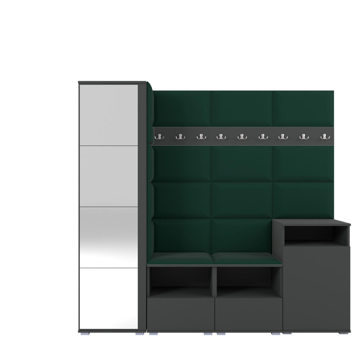 GARDEROBE NELA X 200 cm (Modulare Flurmöbel Graphit mit Spiegel & Sitzpolster Flaschengrün 28 Schrank + Sideboard) - Dunkelgrün/Silberfarben, Holz/Holzwerkstoff (200/187/40cm) - Ravio