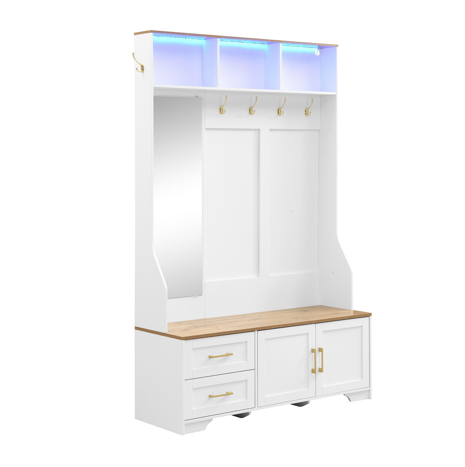 Modfu PŘEDSÍŇOVÁ skříň z MDF 120x40x187 cm bílá a dekor dřeva s LED osvětlením, zrcadlem, háčky a úložným prostorem