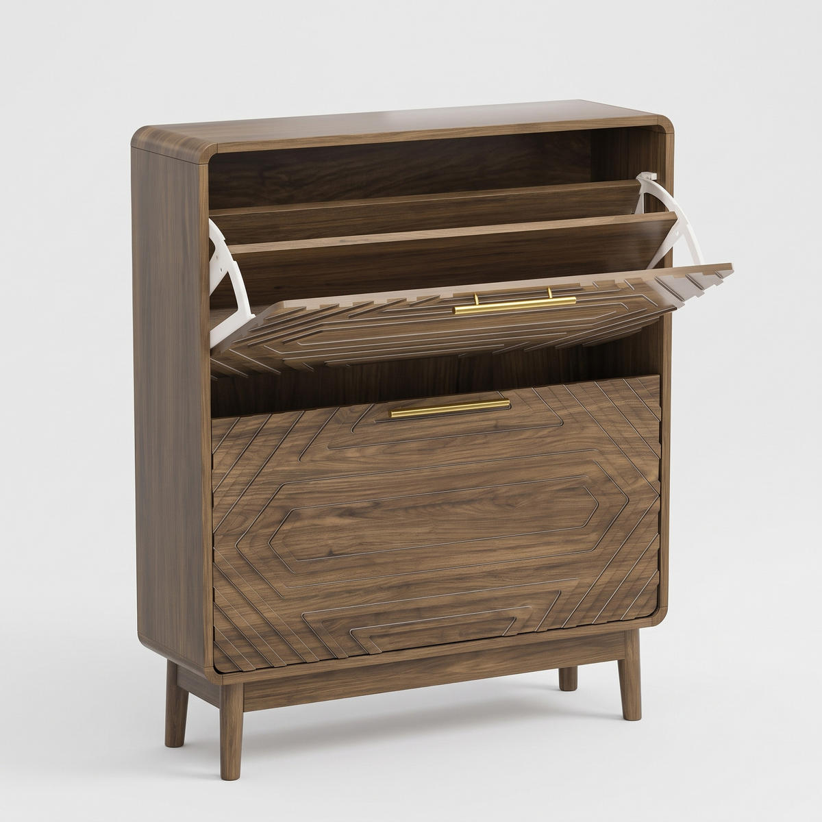 SCHUHSCHRANK Mid-Century Schuhkipper 2 Klappfächer Freistehend - Walnussfarben, Holzwerkstoff (80/95/24cm) - Urban Meuble