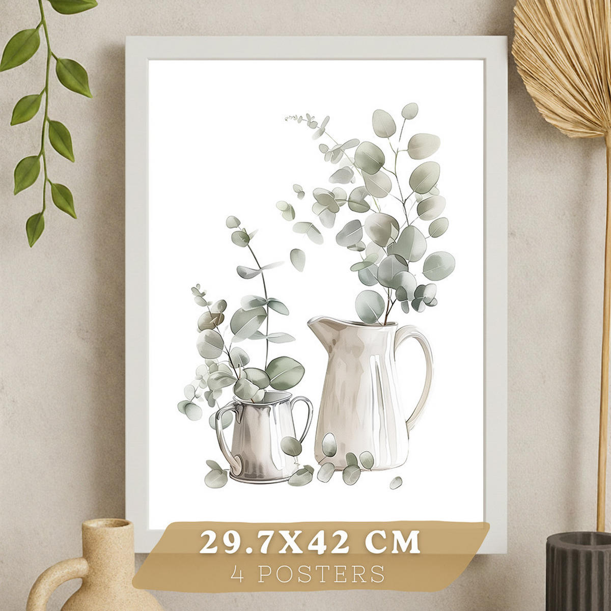 PLAKAT Sada 4 dekorativních nástěnných tisků, Botanická kuchyně. Bohémský venkovský styl. Rustikální kuchyně. Rostliny a příbory. Velikost Bílý rám A3 - bílá, papír (29.7/42/3cm) - Nacnic