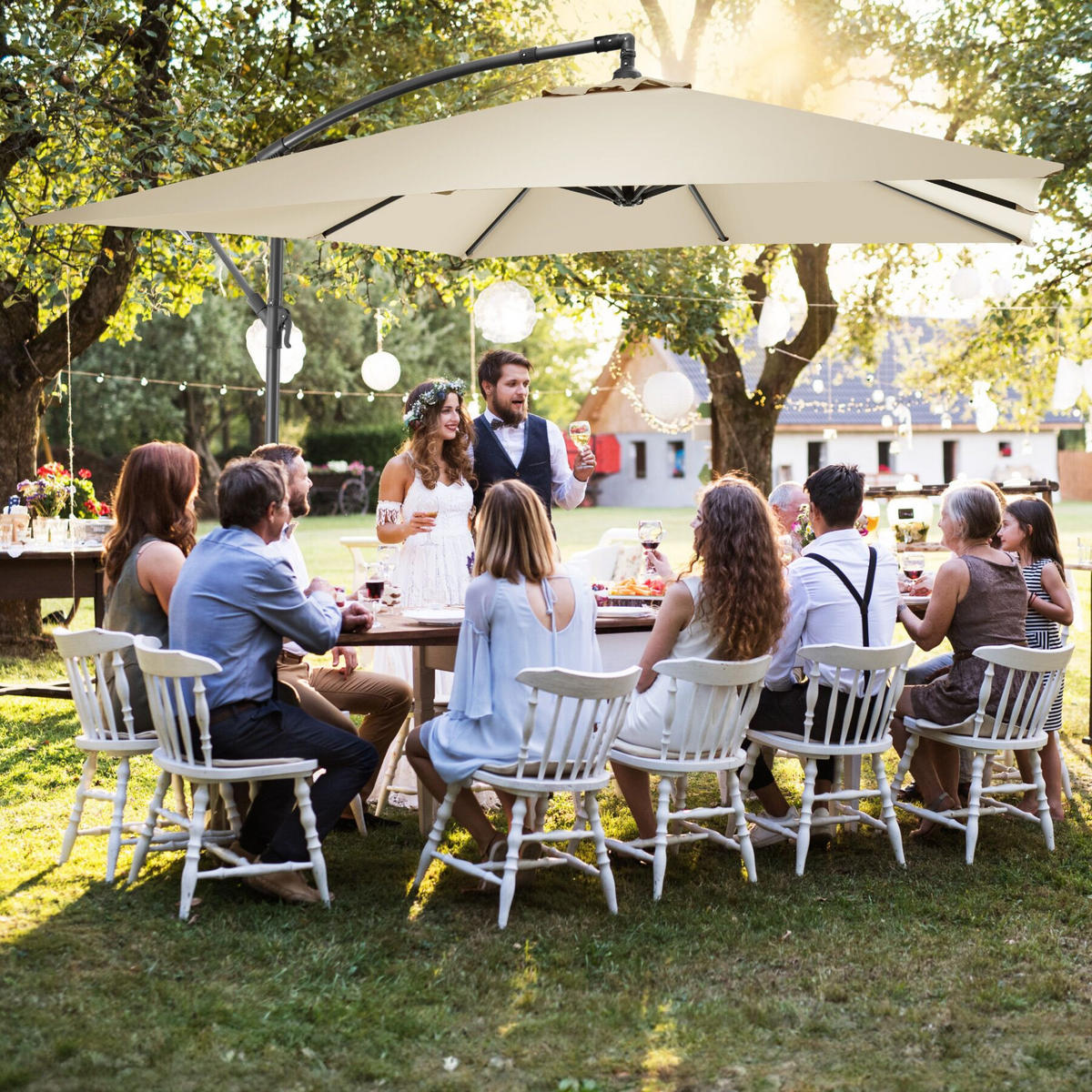 SONNENSCHIRM Apollon, inkl. Windsicherung und Schutzhülle, beige - Beige, Kunststoff (250/300cm) - tectake