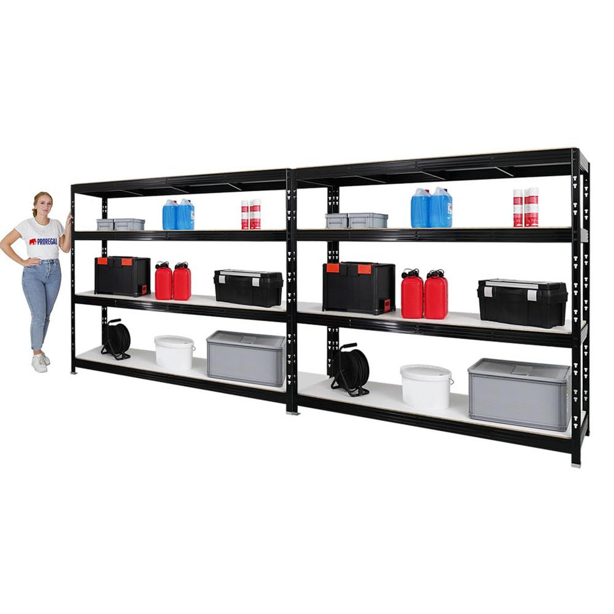 SCHWERLASTREGAL Rhino 2er-Set mit 2x 180x200x60 cm 4 Melamin-Ebenen 16mm Fachlast 500 kg Schwarz - Schwarz, Metall (400/180/60cm) - PROREGAL