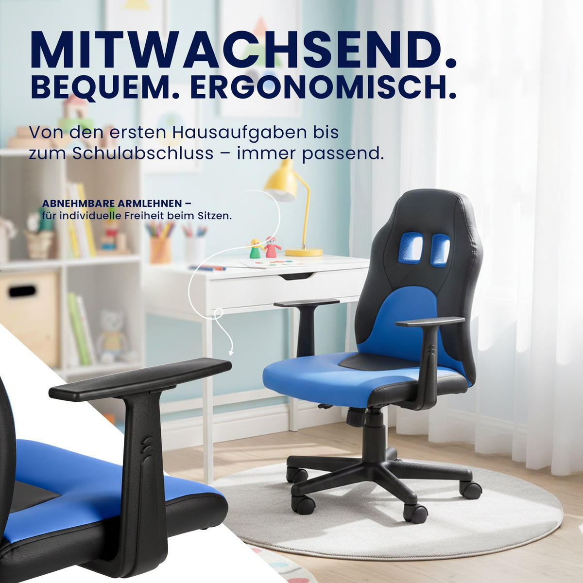 JUGENDDREHSTUHL Lederlook Schwarz/Blau - Blau/Schwarz, Kunststoff/Textil (56/83/59cm) - CLP