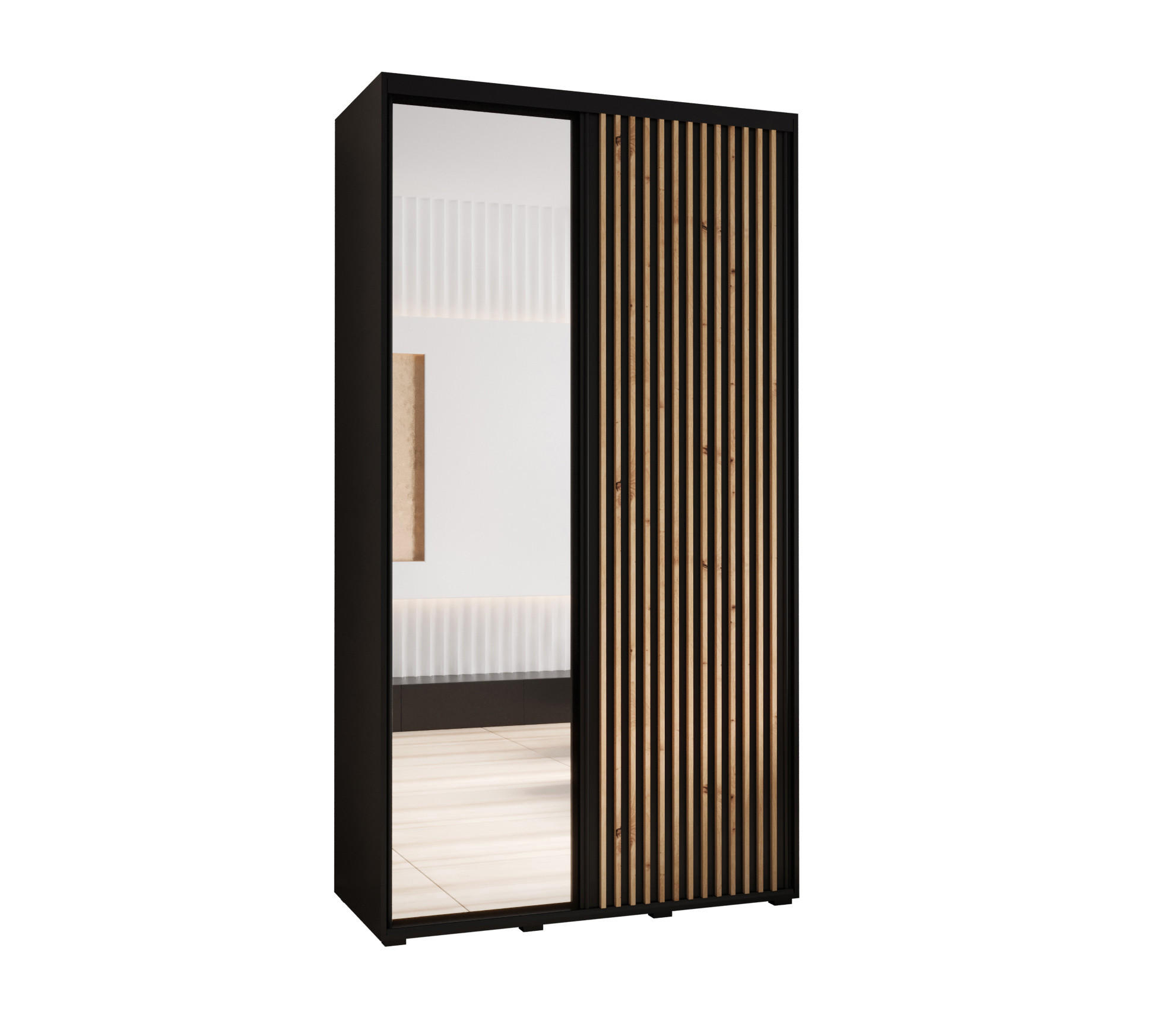 Abiks Möbel Schwebetürenschrank Schwarz, Schwarz, Eiche Artisan 140x235x45 cm