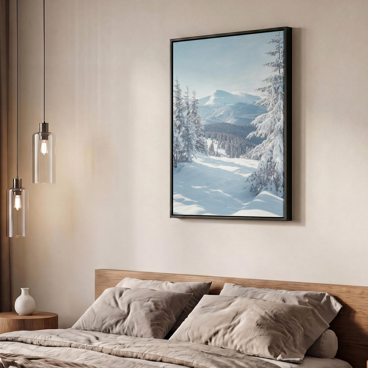 LEINWAND Bilder mit Rahmen - Winterlandschaft - Natur - Berge - Bäume - Schnee - 50x70 - Hellblau, Textil (50/70cm) - MuchoWow
