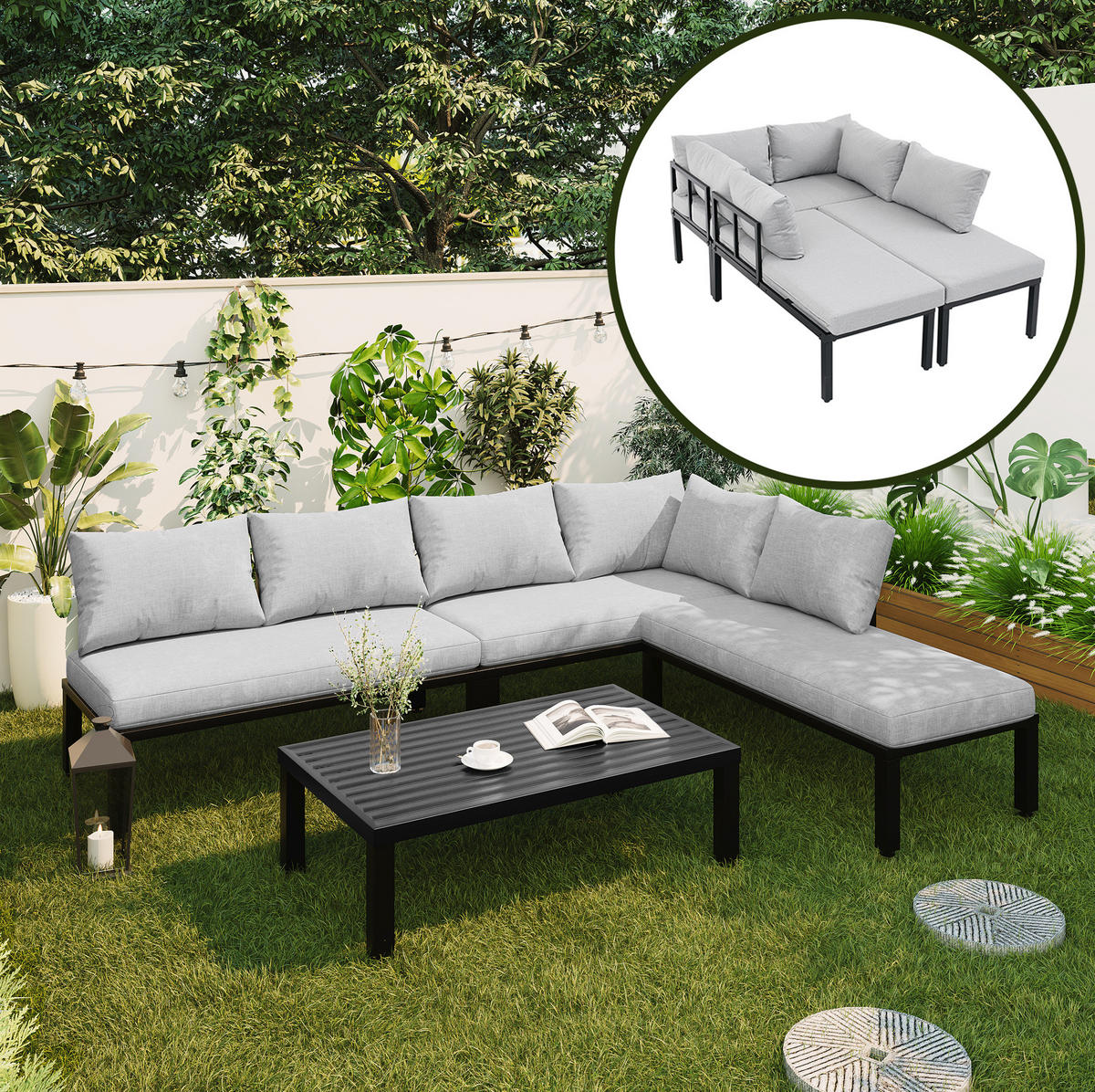 GARTENGARNITUR aus Polyester 6-Sitzer Grau mit modularem Sofa, abnehmbaren Rückenlehnen und Couchtisch - Grau, Metall - Modfu
