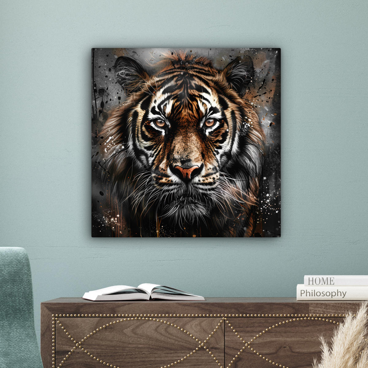 LEINWANDBILD Tiger - Tiere - Porträt - Luxus - Schwarz Wandbild Wohnzimmer 50x50 cm - Anthrazit, Textil (50/50cm) - MuchoWow