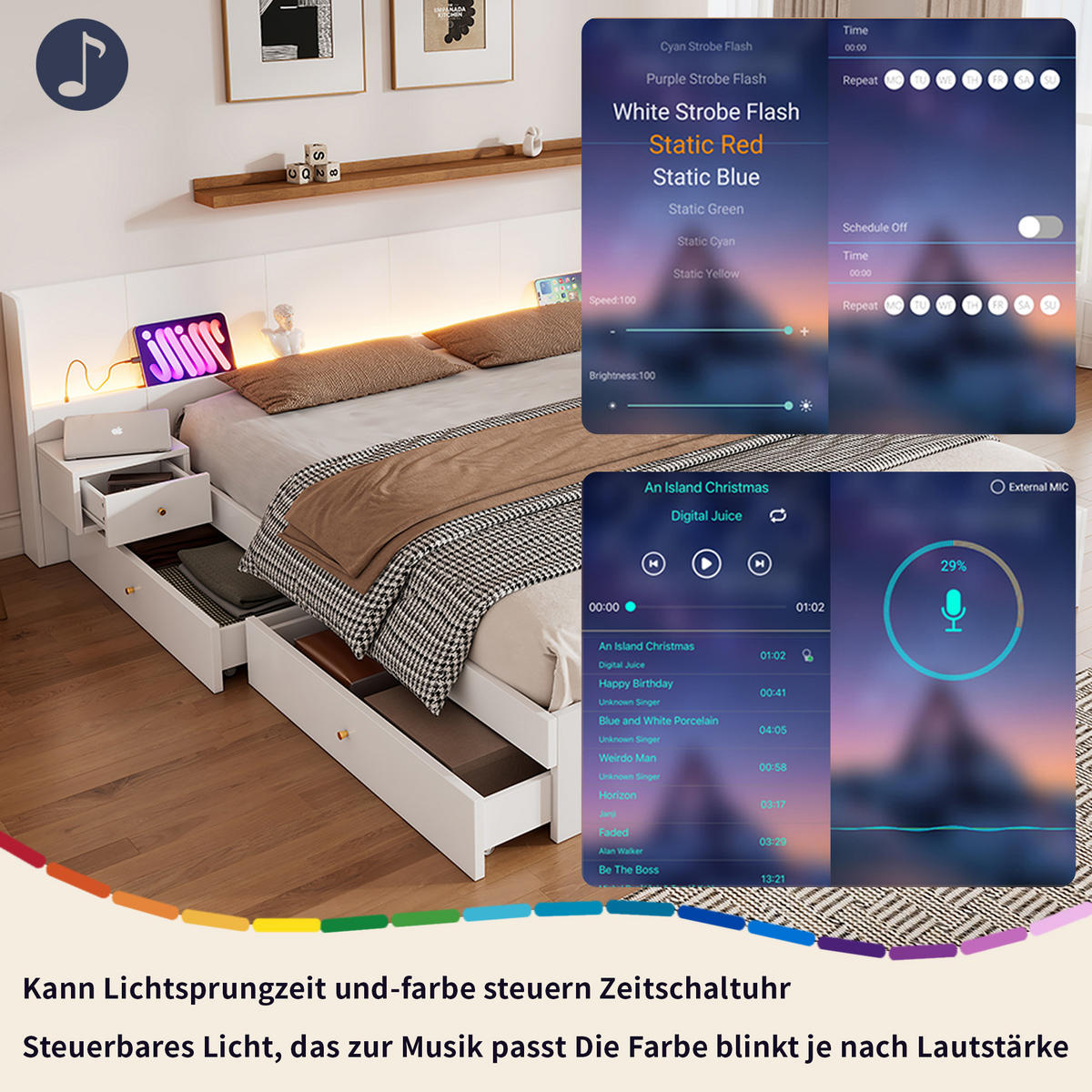 HOLZBETT 180x200cm Weiß Mit USB LED Steckdose & 2 Nachttischen - Weiß, Holzwerkstoff (180/200cm) - FLIEKS