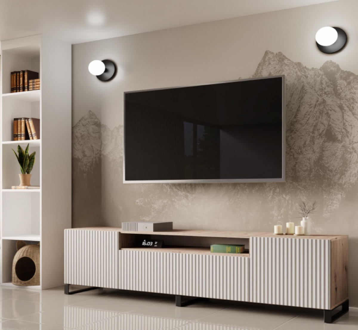 TV-SCHRANK Weiß NOELI Mit Gerillter Front Artisan - Weiß, Holzwerkstoff (200/53/41cm) - Sepro Meble