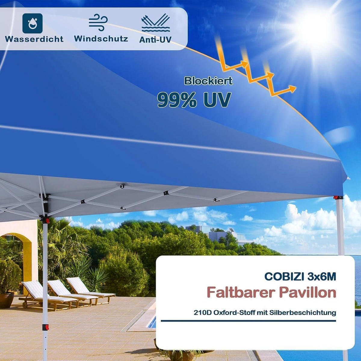 FALTPAVILLON 3 x 6 m Blau Wasserdicht UV-Schutz - Blau, Textil (300/300/600cm)
